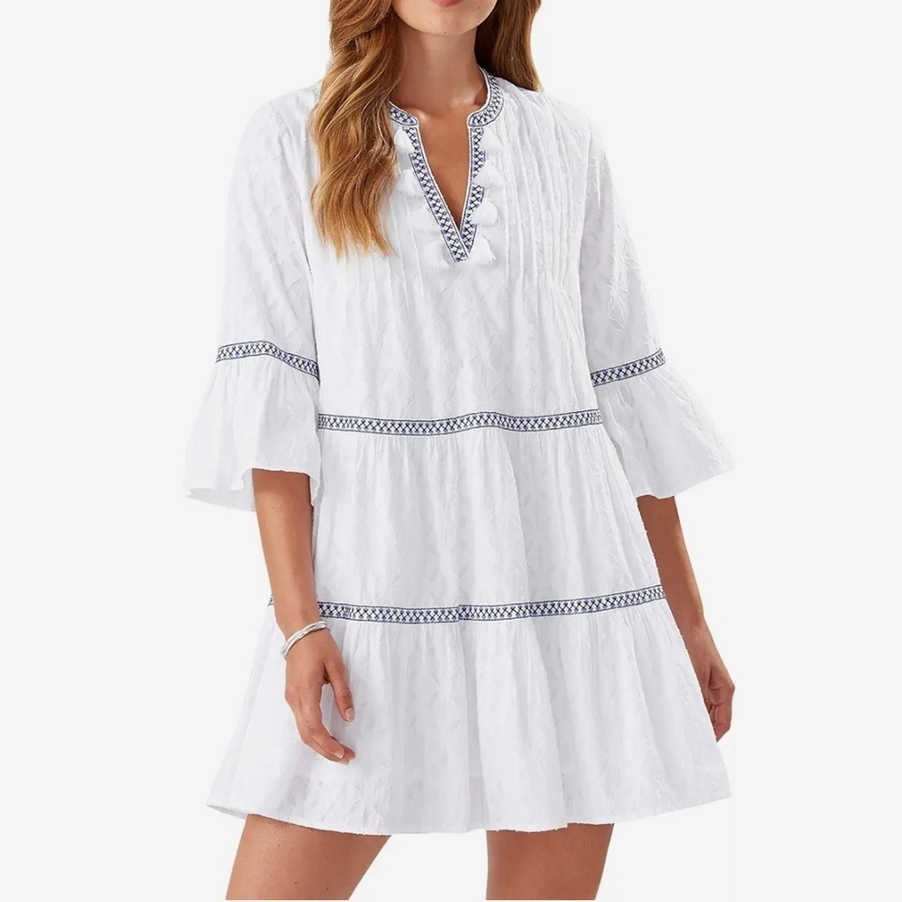 Tommy Bahama Jacquard Tiered Cotton Dress with Blue Accents & Tassels, Small